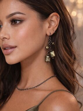 Green Pearl Dangle Statement Earrings Boho Luxe